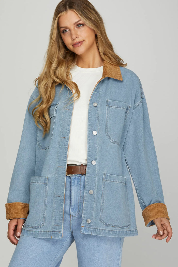 WASHED DENIM WORKED BARN JACKET WITH CONTRAST COLLAR AND CUFF