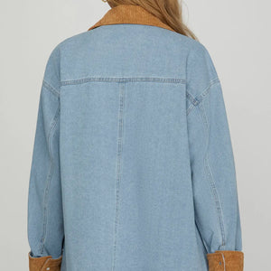 WASHED DENIM WORKED BARN JACKET WITH CONTRAST COLLAR AND CUFF