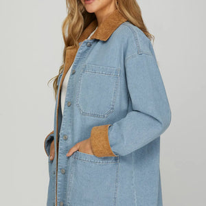 WASHED DENIM WORKED BARN JACKET WITH CONTRAST COLLAR AND CUFF