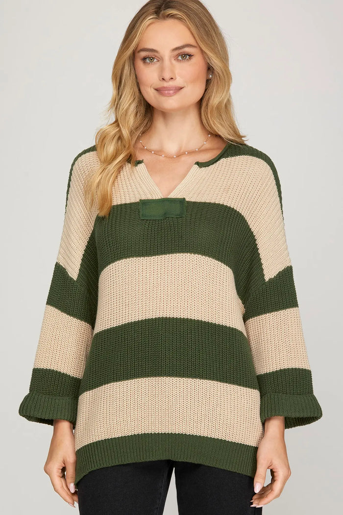 OLIVE 3/4 SLEEVE V NECK STRIPED SWEATER