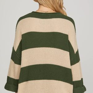 OLIVE 3/4 SLEEVE V NECK STRIPED SWEATER