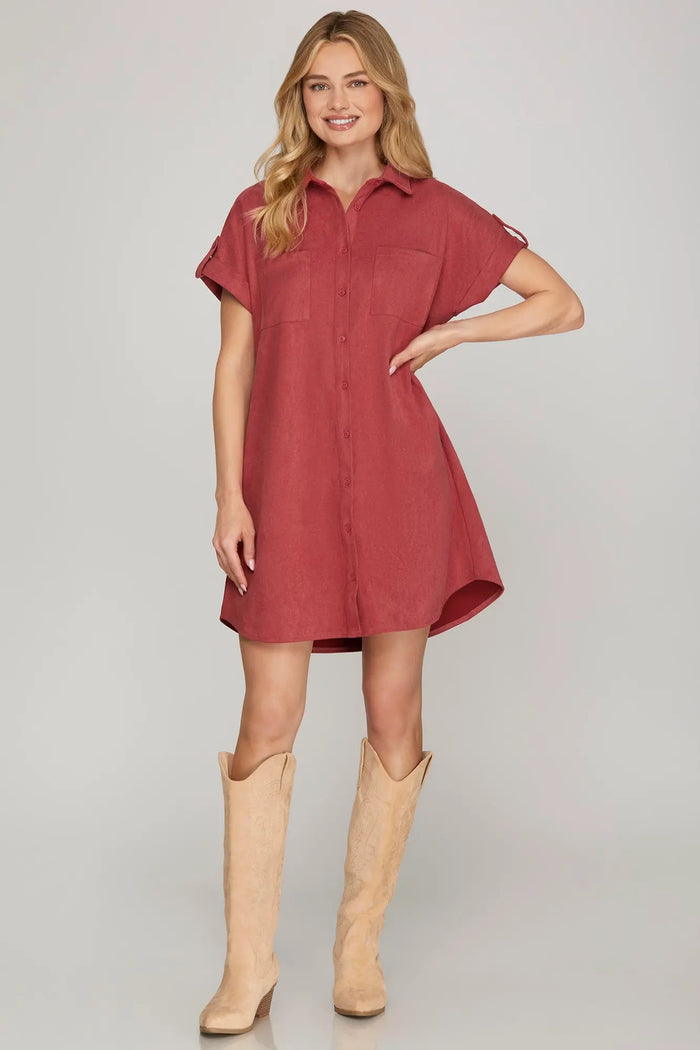 DROP SHOULDER BUTTON UP SUEDE SHIRT DRESS WITH POCKETS