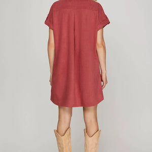 DROP SHOULDER BUTTON UP SUEDE SHIRT DRESS WITH POCKETS