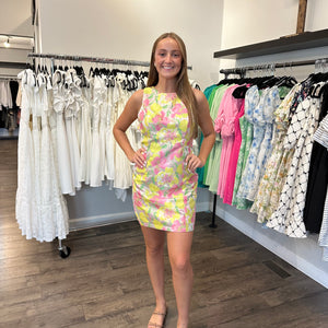 Open back bright jacquard dress