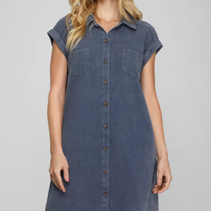 DENIM BLUE FOLDED CUFF BUTTON DOWN WASHED TWILL SHIRT DRESS