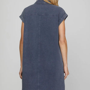 DENIM BLUE FOLDED CUFF BUTTON DOWN WASHED TWILL SHIRT DRESS