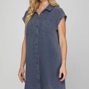 DENIM BLUE FOLDED CUFF BUTTON DOWN WASHED TWILL SHIRT DRESS