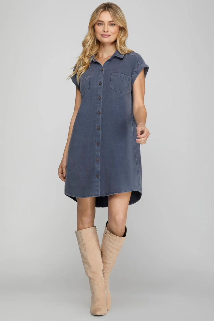 DENIM BLUE FOLDED CUFF BUTTON DOWN WASHED TWILL SHIRT DRESS