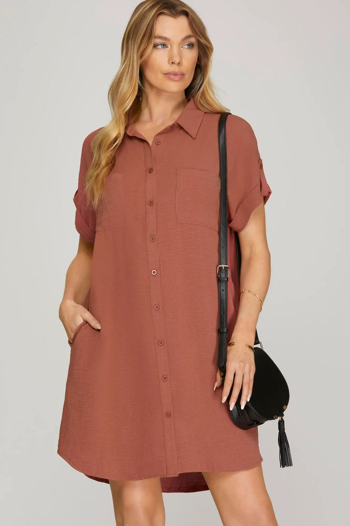 CINNAMON DROP SHOULDER BUTTON UP WOVEN SHIRT DRESS