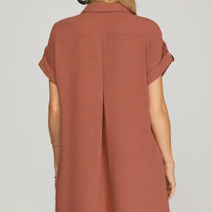 CINNAMON DROP SHOULDER BUTTON UP WOVEN SHIRT DRESS