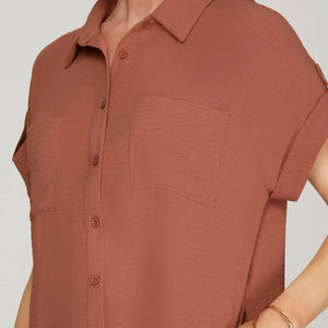 CINNAMON DROP SHOULDER BUTTON UP WOVEN SHIRT DRESS