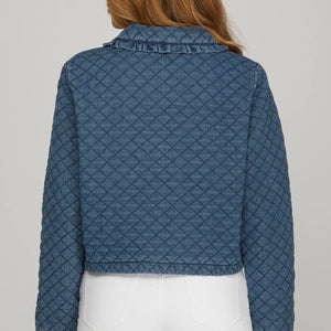 LONG SLEEVE RUFFLE COLLAR QUILTED DENIM TIE FRONT JACKET