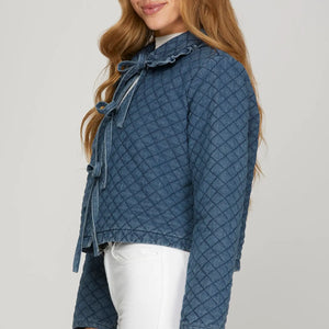 LONG SLEEVE RUFFLE COLLAR QUILTED DENIM TIE FRONT JACKET
