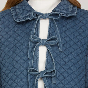 LONG SLEEVE RUFFLE COLLAR QUILTED DENIM TIE FRONT JACKET