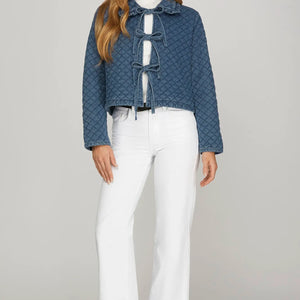 LONG SLEEVE RUFFLE COLLAR QUILTED DENIM TIE FRONT JACKET