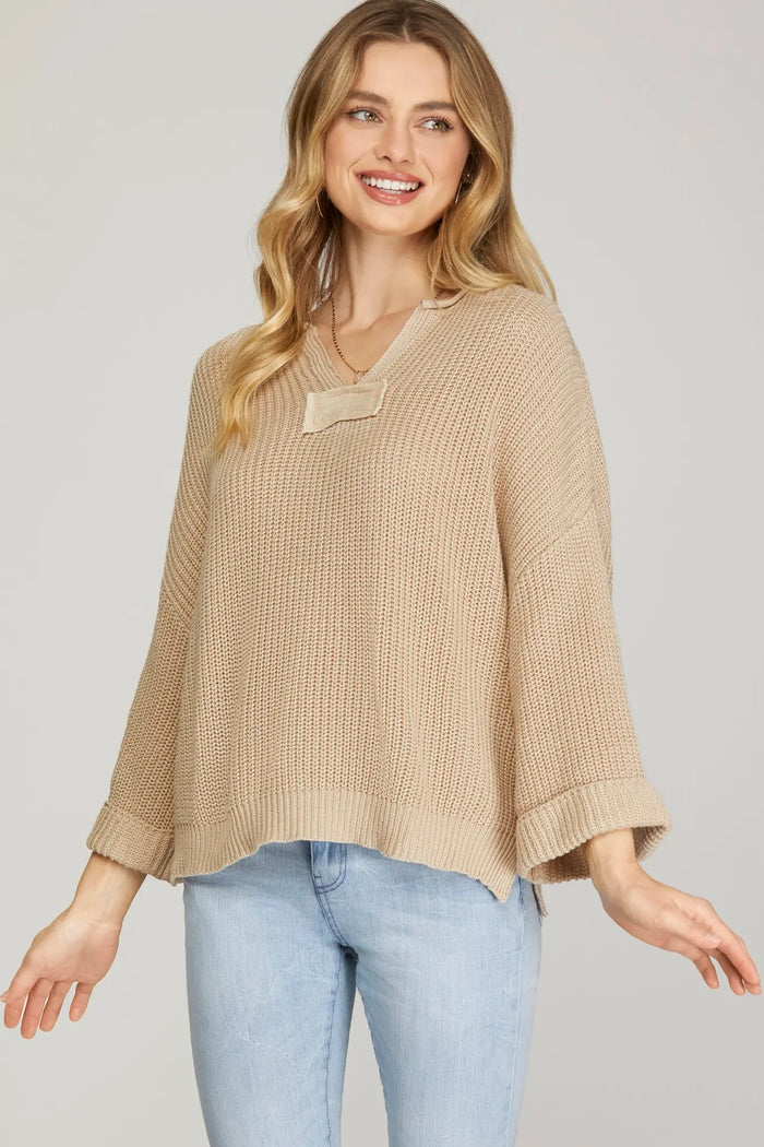 Ecru 3/4 SLEEVE PULL OVER V NECK SWEATER