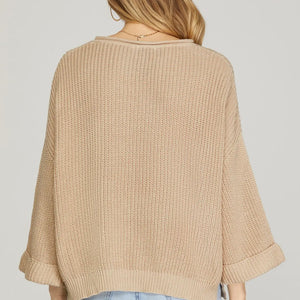 Ecru 3/4 SLEEVE PULL OVER V NECK SWEATER