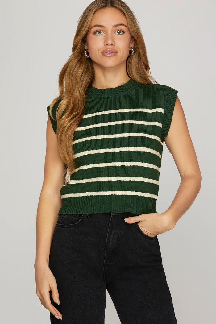 GREEN SLEEVELESS ROUND NECK STRIPED SWEATER TOP