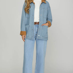 WASHED DENIM WORKED BARN JACKET WITH CONTRAST COLLAR AND CUFF