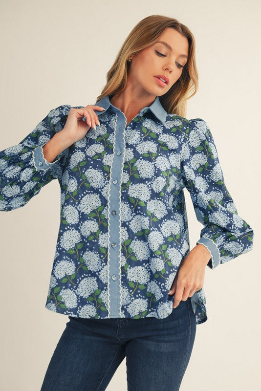 Blue Embroidered Scallop Edge Floral Top