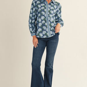 Blue Embroidered Scallop Edge Floral Top