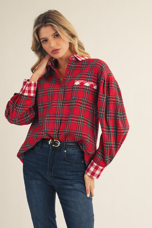 Red Check Mix Match Button Down Shirt