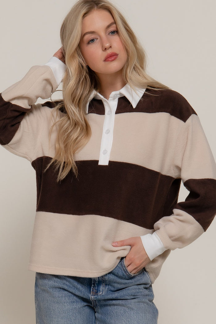 Brown/Taupe Long Slv Rugby Stripe Fleece Polo Top