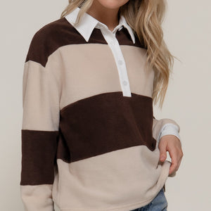 Brown/Taupe Long Slv Rugby Stripe Fleece Polo Top