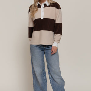 Brown/Taupe Long Slv Rugby Stripe Fleece Polo Top