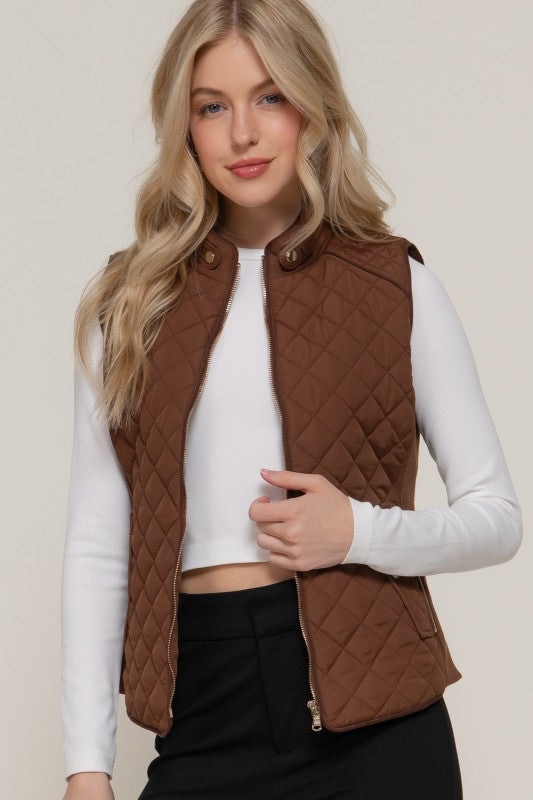 BROWN SUEDE PIPING QUILTED PADDING VEST