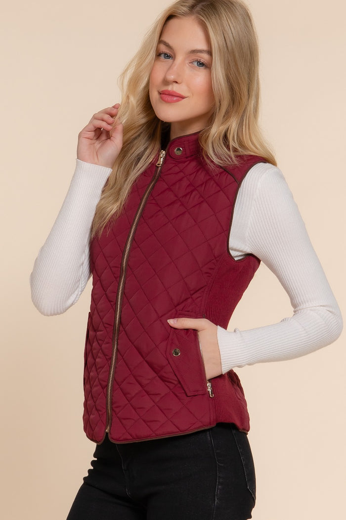 WINE SUEDE PIPING QUILTED PADDING VEST