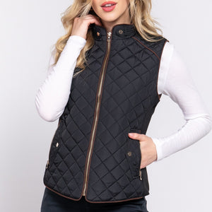Black Suede Piping Detail Rib Quilted Padding Vest