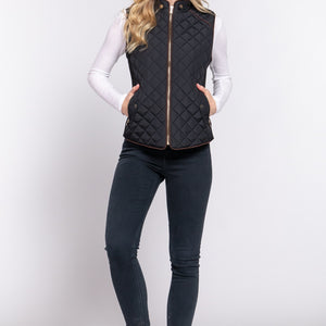 Black Suede Piping Detail Rib Quilted Padding Vest