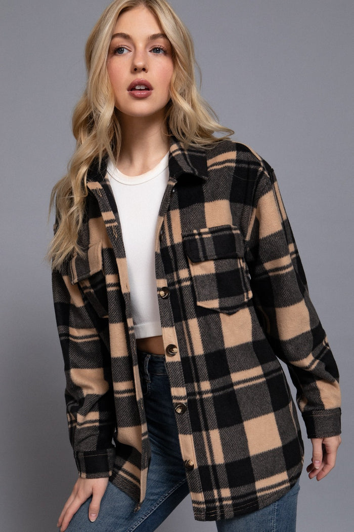 Black/Taupe Long Slv Check Printed Fleece Shacket