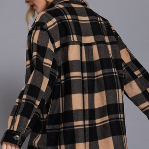 Black/Taupe Long Slv Check Printed Fleece Shacket