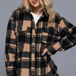 Black/Taupe Long Slv Check Printed Fleece Shacket