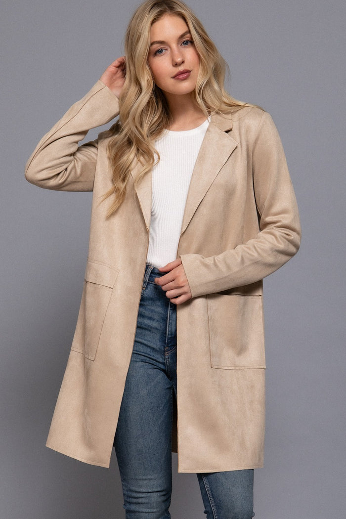 Long sleeve Open Front Big Collar Faux Jacket