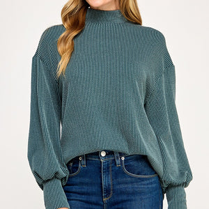 Teal Curly rib mock neck sweater