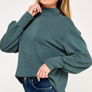 Teal Curly rib mock neck sweater