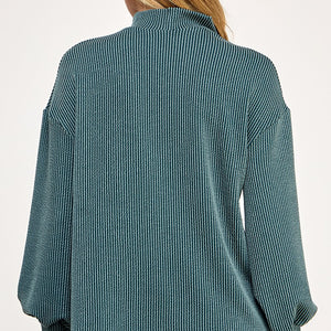 Teal Curly rib mock neck sweater