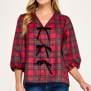Plaid Holiday tie front blouse