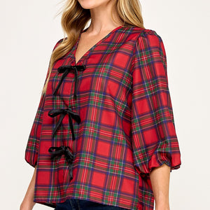 Plaid Holiday tie front blouse