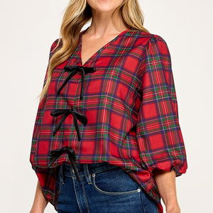 Plaid Holiday tie front blouse
