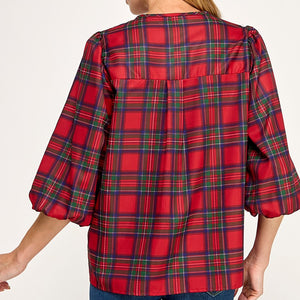 Plaid Holiday tie front blouse