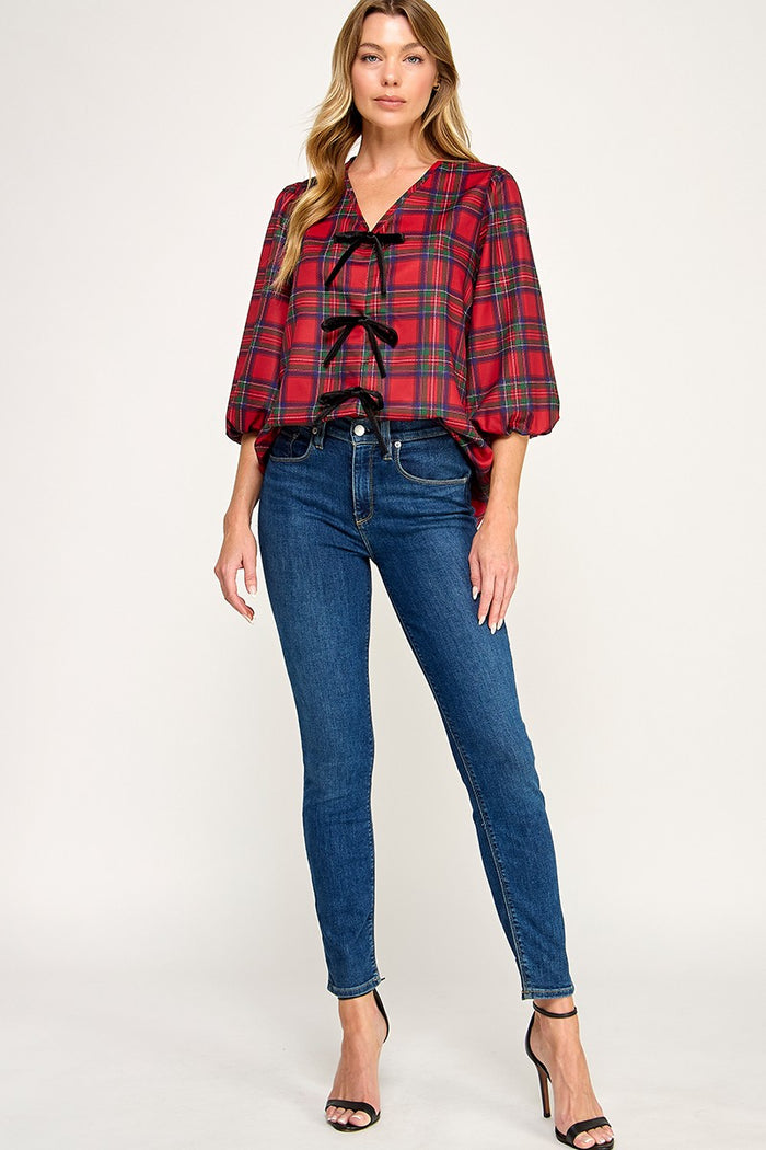 Plaid Holiday tie front blouse