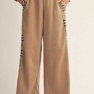 Taupe Side Plaid Accent Wide Leg Sweatpants