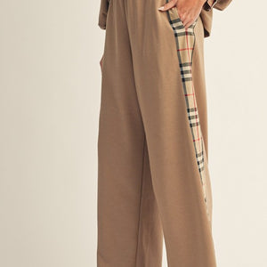 Taupe Side Plaid Accent Wide Leg Sweatpants