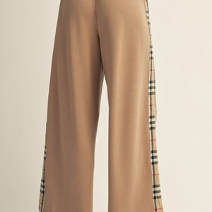 Taupe Side Plaid Accent Wide Leg Sweatpants