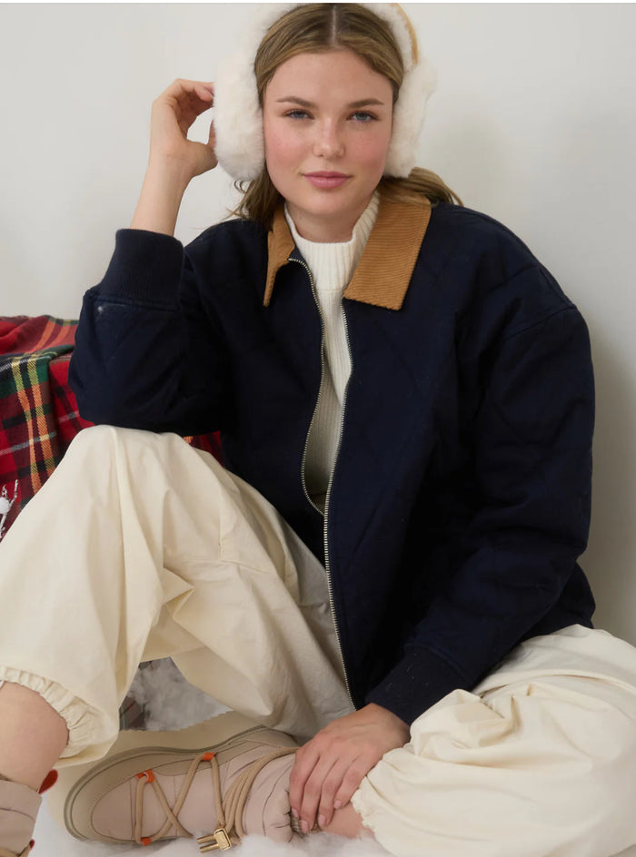 NAVY CORDUROY COLLAR QUILTED ZIP-UP JACKET