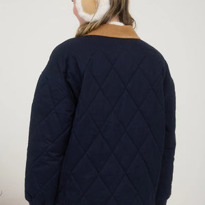 NAVY CORDUROY COLLAR QUILTED ZIP-UP JACKET